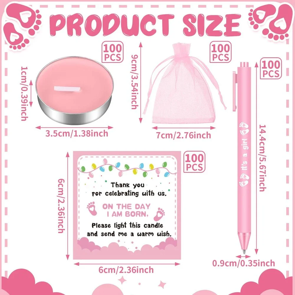 25 Pink Baby Shower Favors/Gender Reveal Candles, Bags, Card and Pens Set